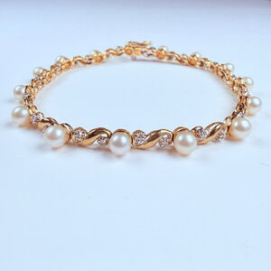 10K Solid Two Tone Gold Genuine Diamond & 4.5MM Pearl Vintage Tennis Bracelet